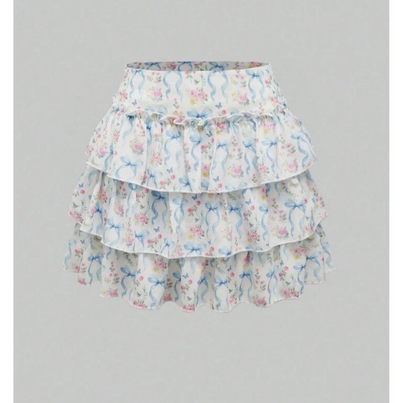 Large 8/10 Blue Ribbon Butterfly Ruffle Cottage Core Coquette Mini Skirt Romwe - Picture 1 of 6